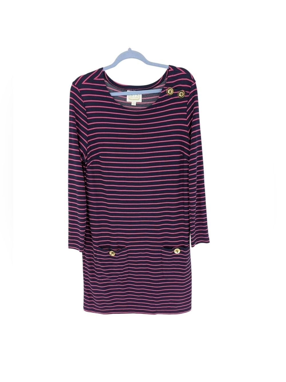 Sail to Sable Womens Striped Long Sleeve Dress Blue Pink Large